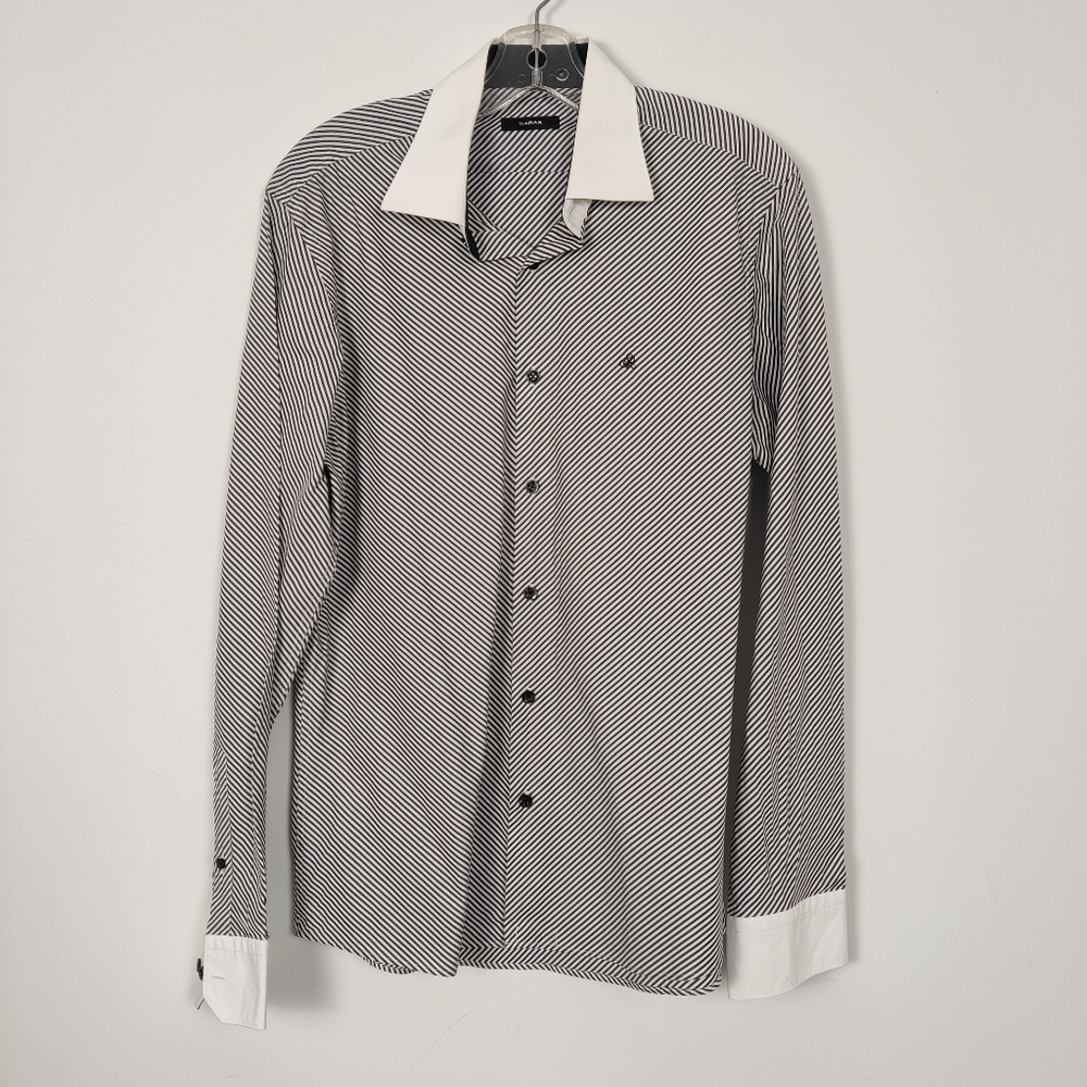 Sarar Men's Color Block Striped Button Down Shirt in Black White Cotton Office